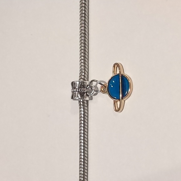 Silver Gold Blue Saturn Planet Enamel Dangle Charm for Pandora Style Bracelet - Picture 1 of 4